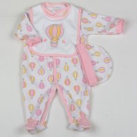 G1389: Baby Girls Air Balloon 3 Piece All In One, Bib & Hat Set (0-9 Months)